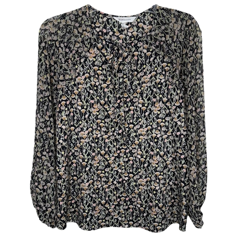 BCBGeneration Sz XXS Sheer Floral Long Sleeve Blouse Black Dandelion Tie Front